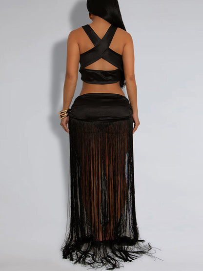 Solid Fringe Top & Skirt Set
