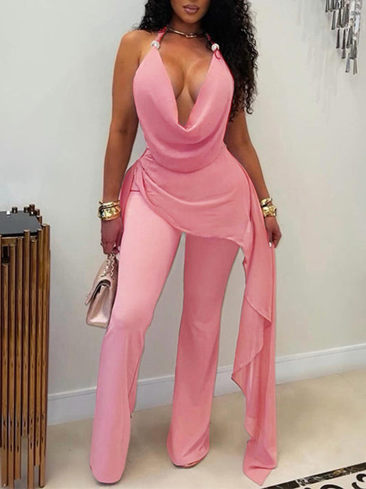 Solid Draped Halter Jumpsuit
