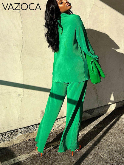 Pleated Shirt & Wide Pants Set