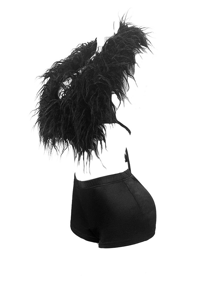 Feather-Trimmed Top & Satin Shorts Set