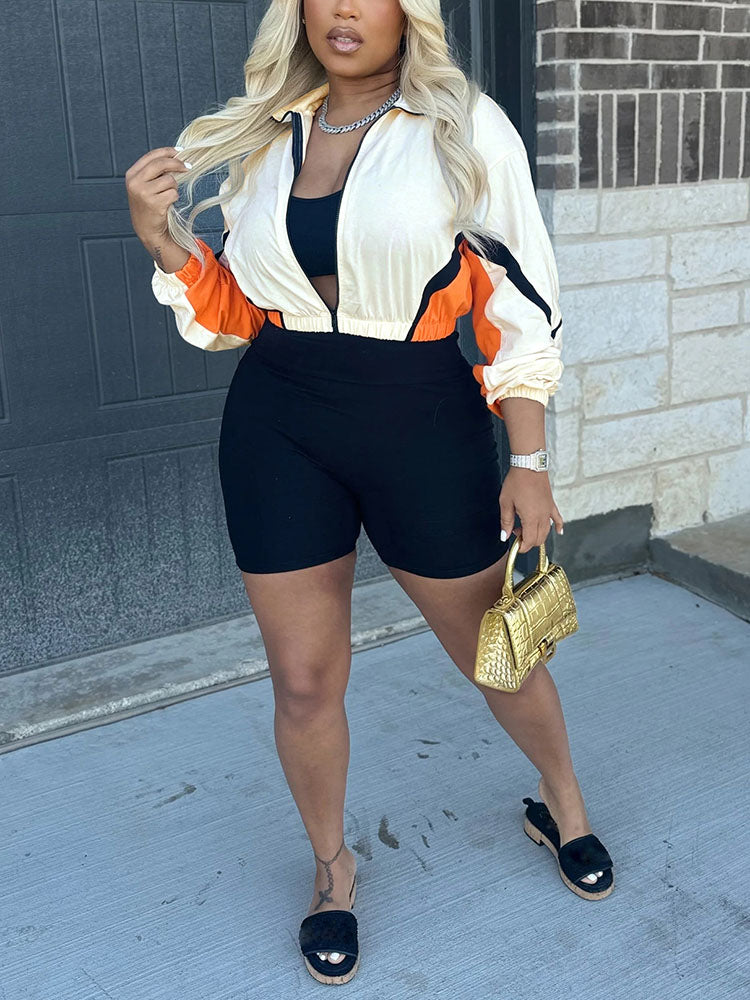 Colorblock Zip-Up Jacket & Biker Shorts Set