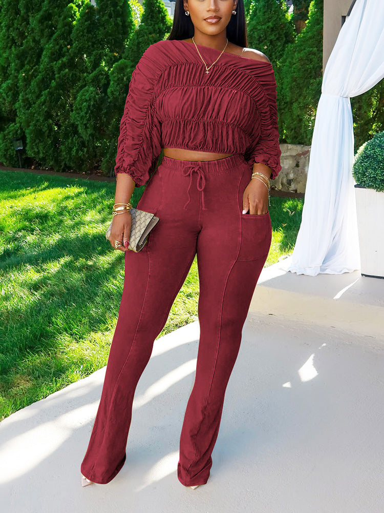 Washed Ruched Top & Flared Pants Set