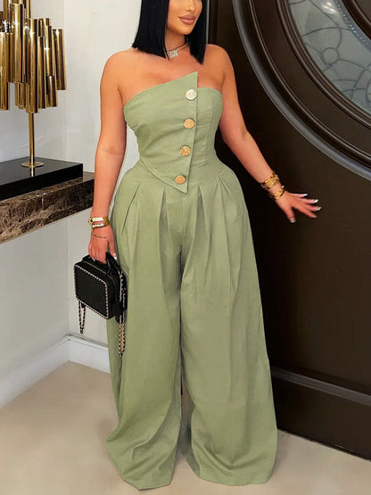 Strapless Button Wide Jumpsuit