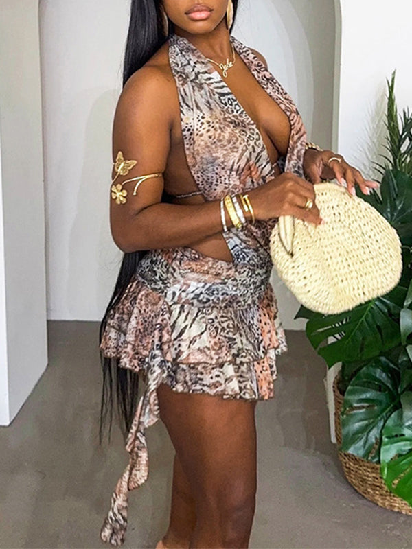 Leopard Ruffle Halter Dress