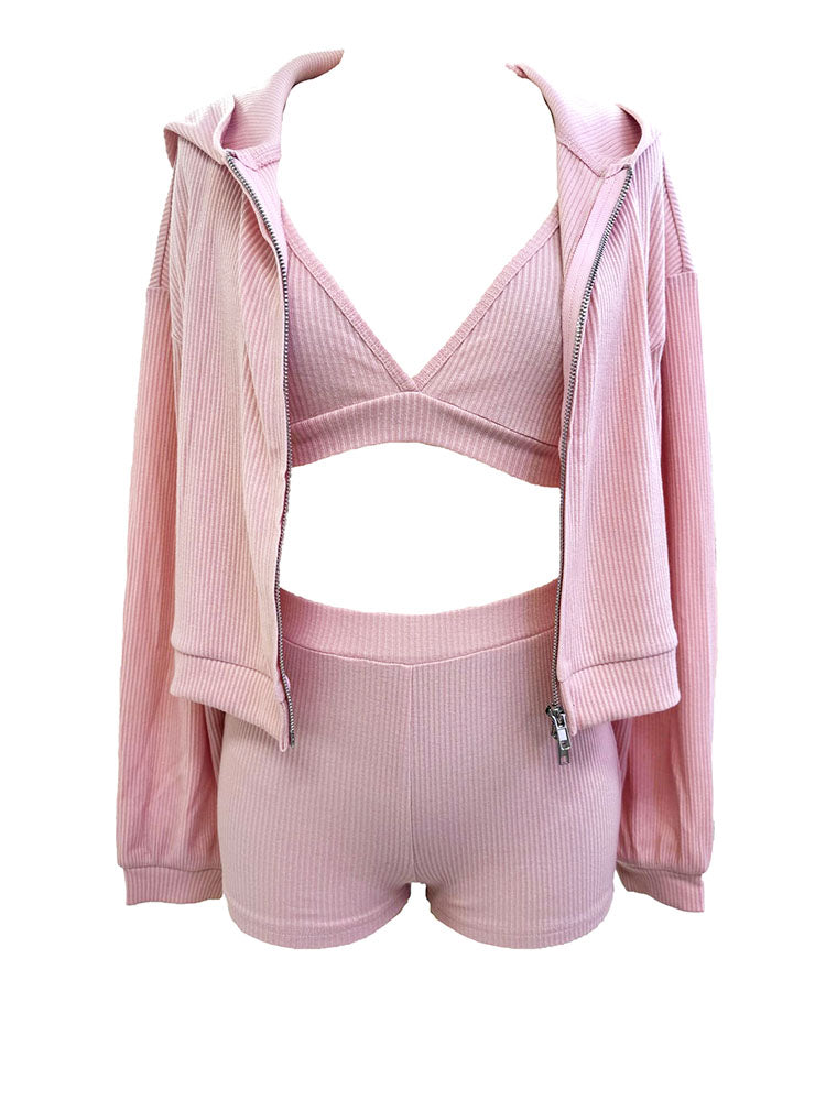 Athleisure Ribbed Three Piece Shorts Set