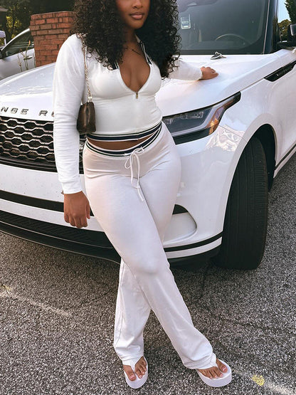 Contrast Polo Crop Top & Flared Pants Set