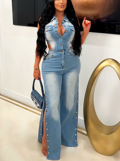 Snap Button Wide Denim Jumpsuit