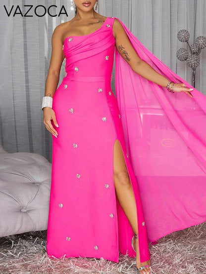 Draped One-Shoulder Slit Dress