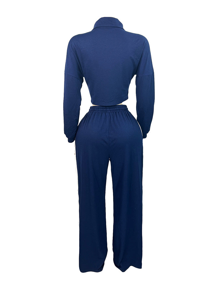 Contrast Zip-Front Jacket & Wide Pants Set