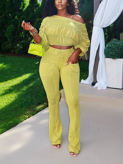 Washed Ruched Top & Flared Pants Set