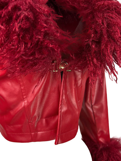 Faux Fur Trim Leather Jacket & Croc-Embossed Pants