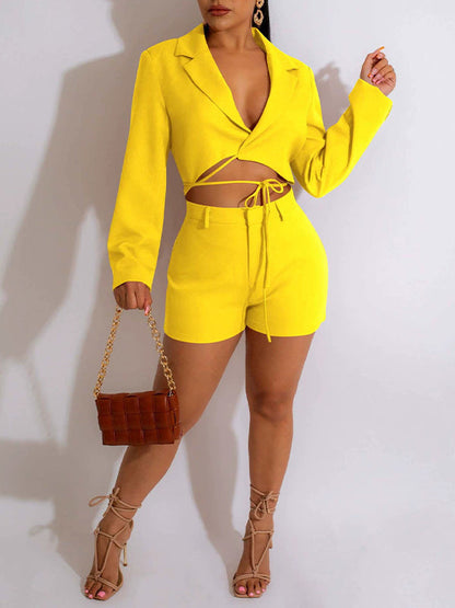 Solid Tied Blazer & Shorts Set