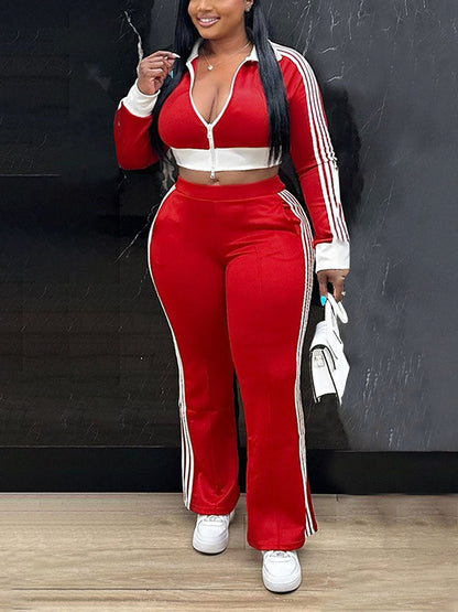 Striped Trim Zip Cropped Jacket & Pants Set