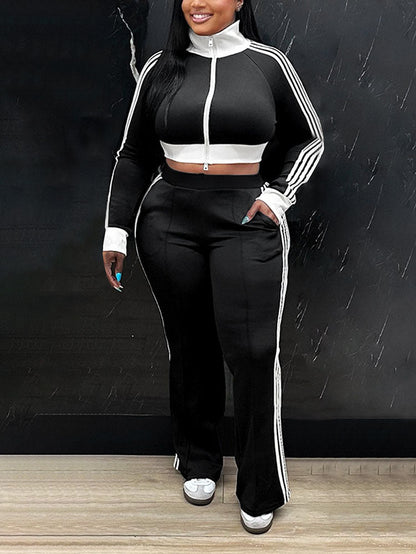 Striped Trim Zip Cropped Jacket & Pants Set