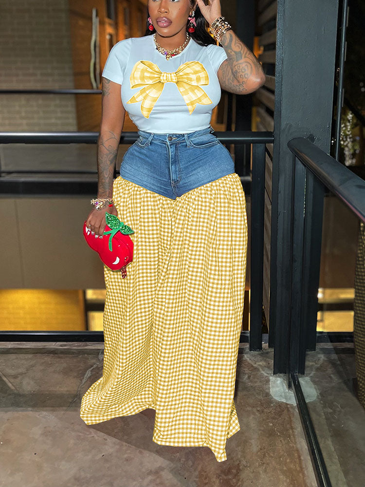 Bow Printed Top & Denim Gingham Pants Set