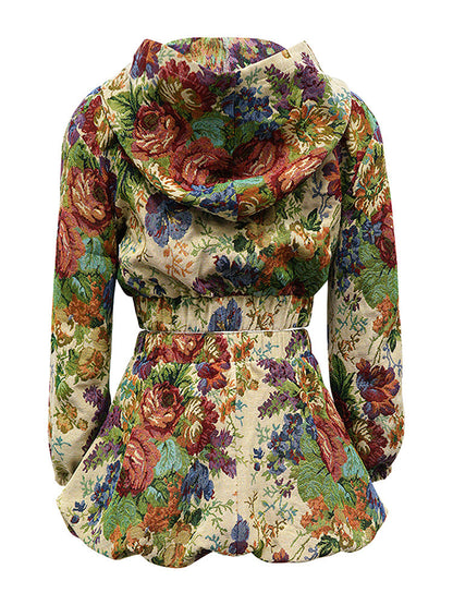 Vintage Floral Jacquard Hoodie & Skirt Set