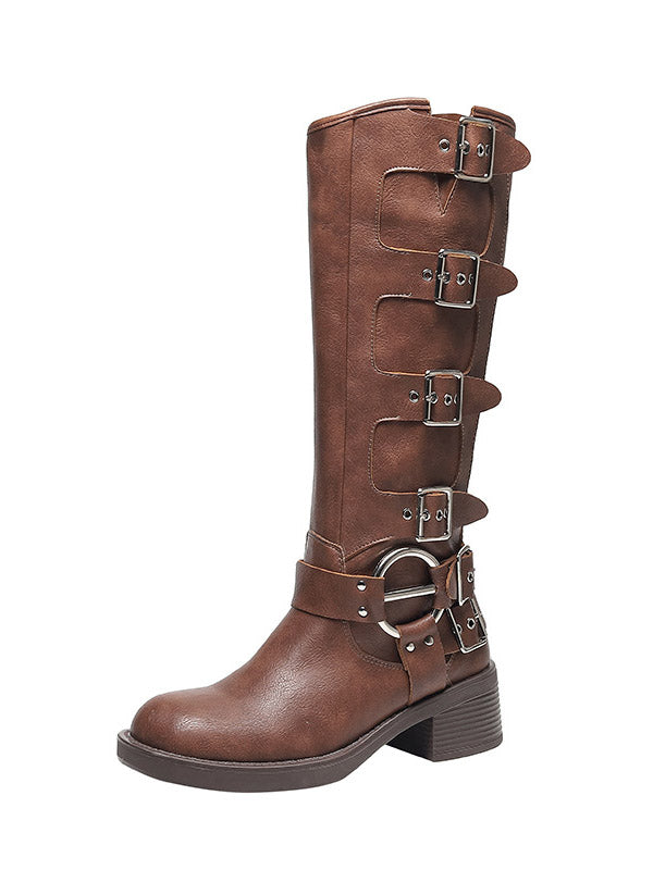 Buckle Leather Chunky Heel Biker Boots