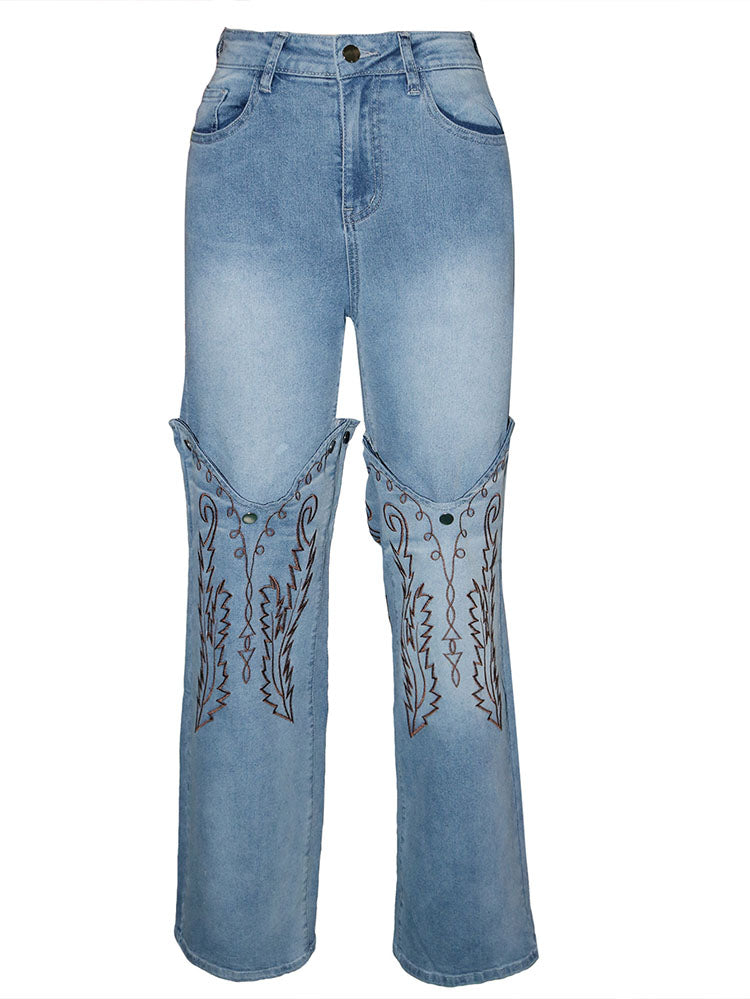 Embroidered Snap Button Jeans