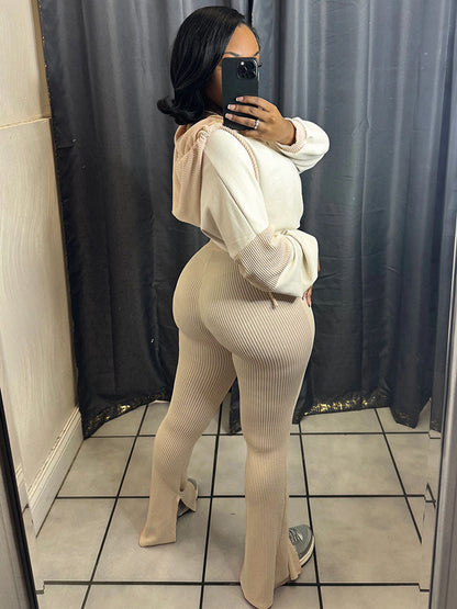 Textured Hooded Top & Flared Pants Set