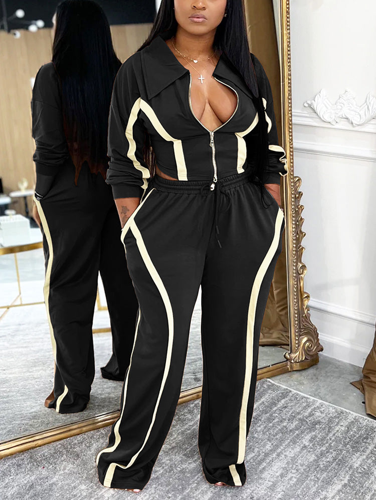 Contrast Zip-Front Jacket & Wide Pants Set
