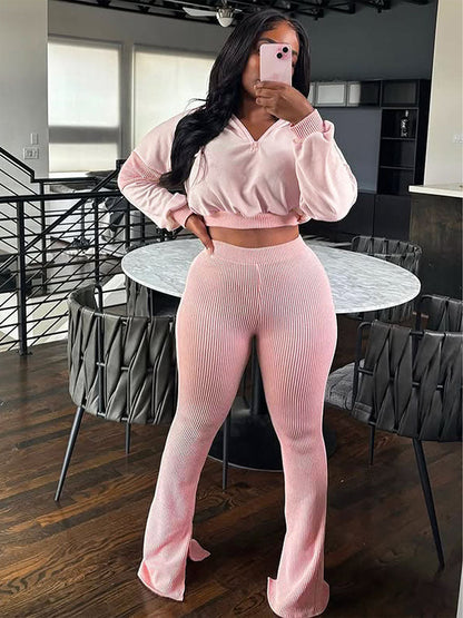 Textured Hooded Top & Flared Pants Set