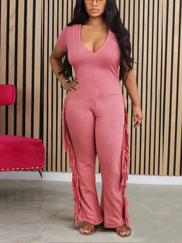 Cotton Fringe Flare Jumpsuit