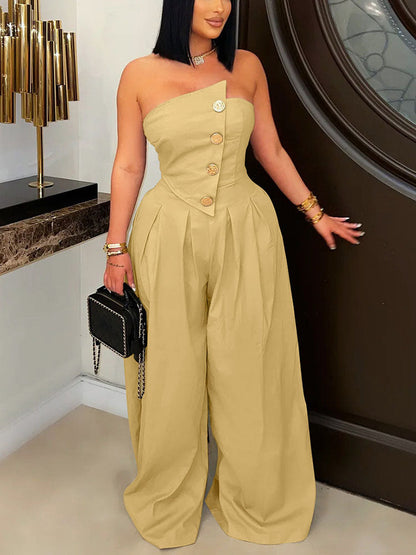 Strapless Button Wide Jumpsuit