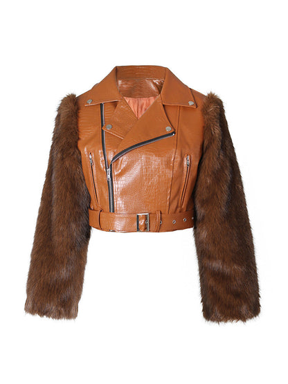 Faux Fur Sleeve & Croc-Embossed Jacket