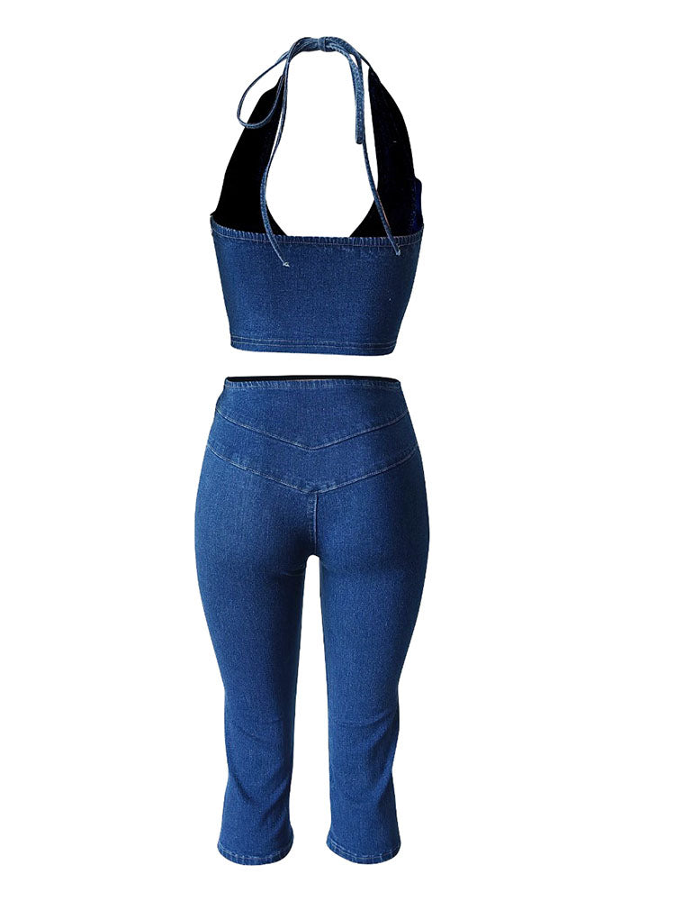 Denim Halter Crop Top & Capri Set