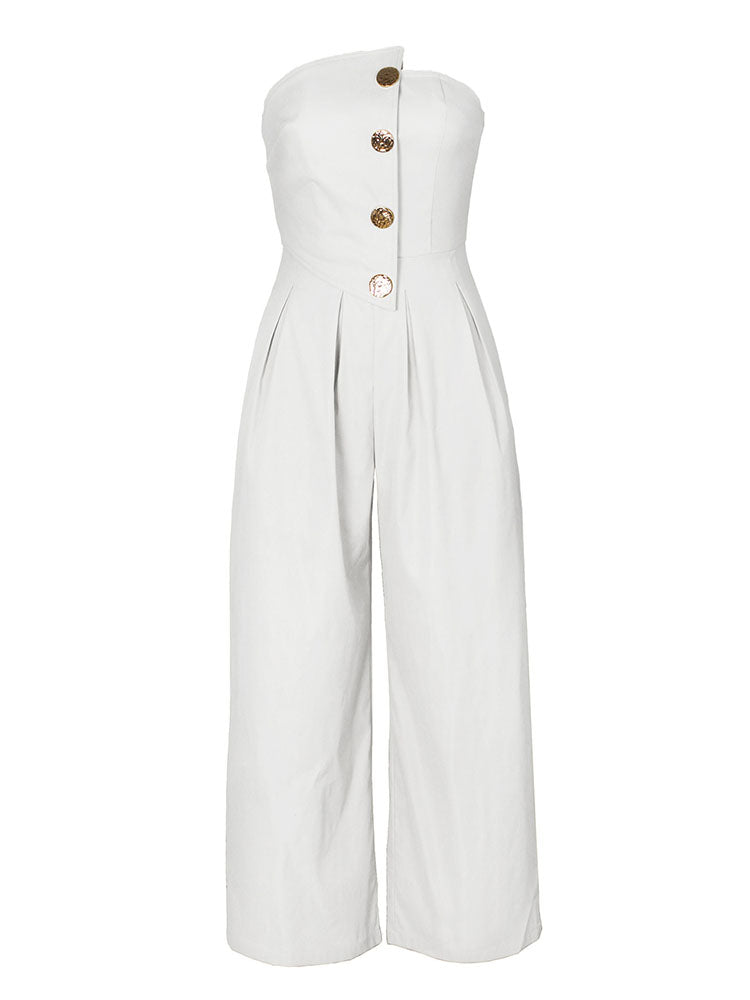 Strapless Button Wide Jumpsuit