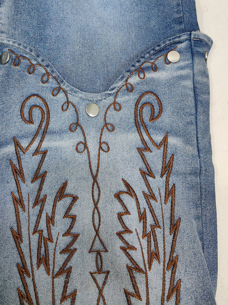Embroidered Snap Button Jeans