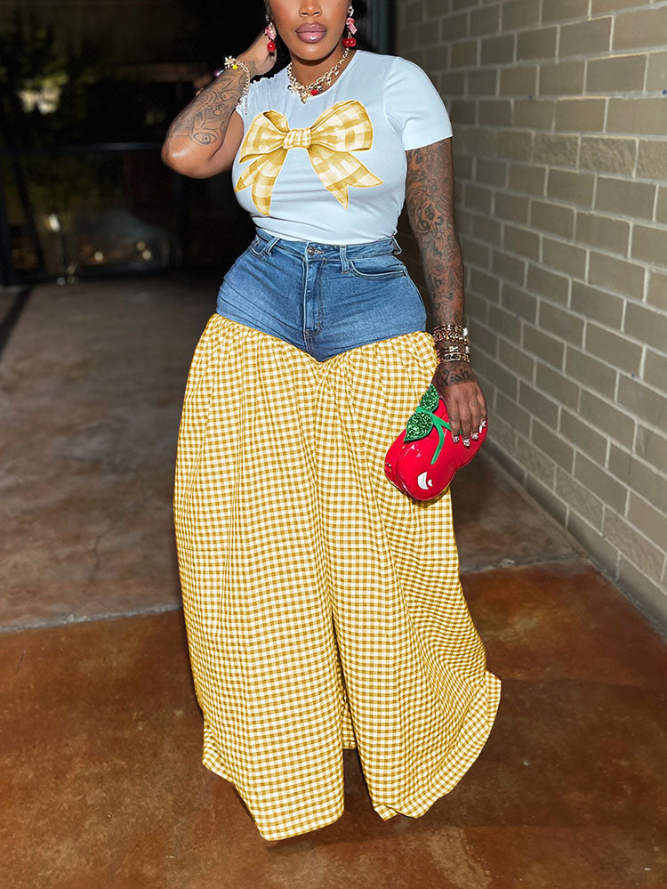 Bow Printed Top & Denim Gingham Pants Set