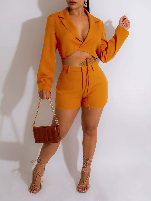Solid Tied Blazer & Shorts Set
