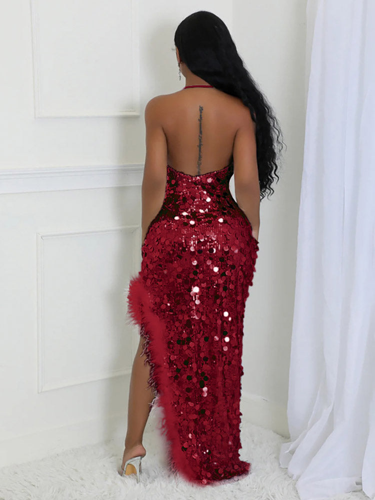 Sequin Fur Slit Dress