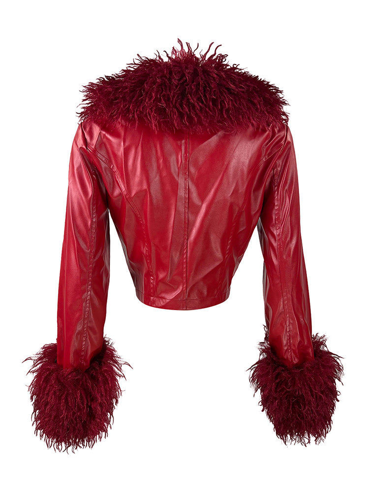 Leather Fur Trim Jacket & Pants Combo