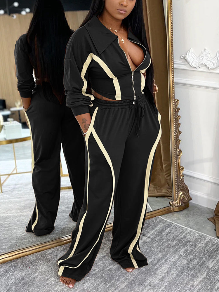 Contrast Zip-Front Jacket & Wide Pants Set
