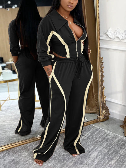 Contrast Zip-Front Jacket & Wide Pants Set