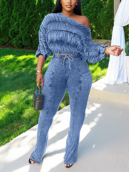 Washed Ruched Top & Flared Pants Set