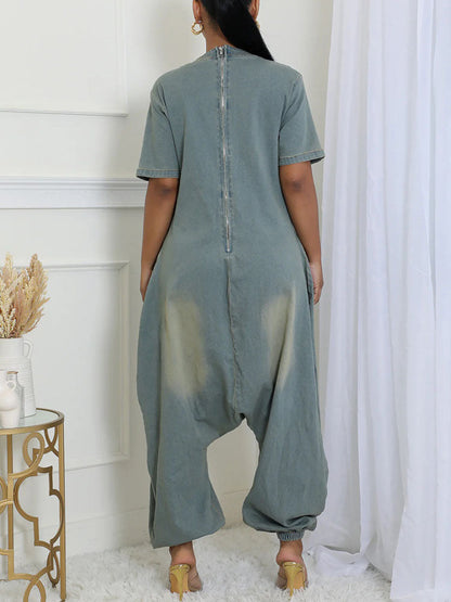Denim Loose Cargo Jumpsuit