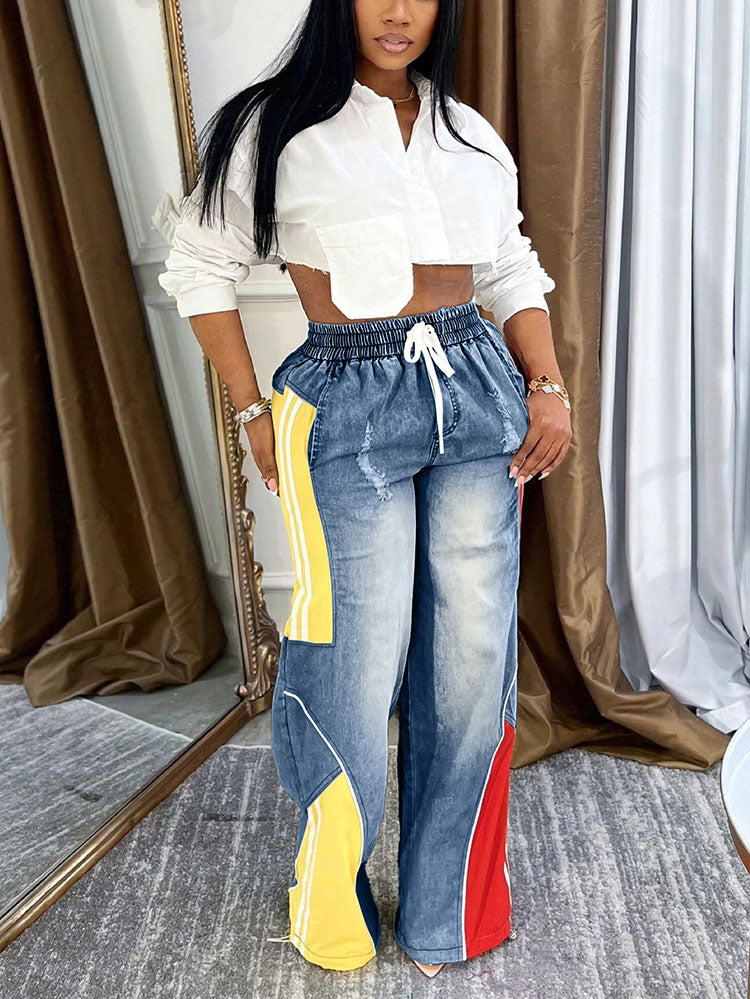 Colorblock Drawstring Jeans