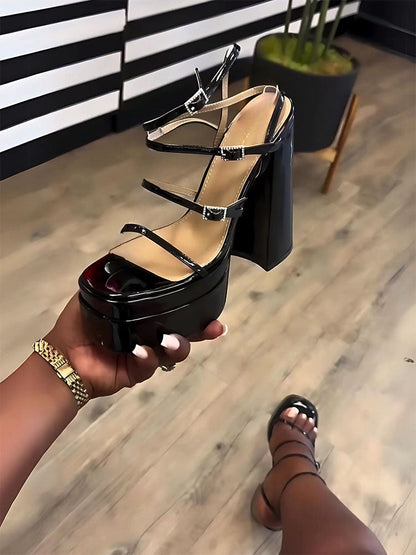 Leather Buckle Strap Platform Heel Sandals
