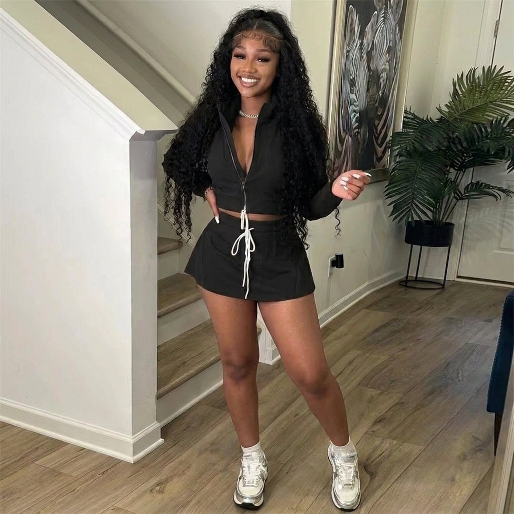 Zip Up Drawstring Skirt Set