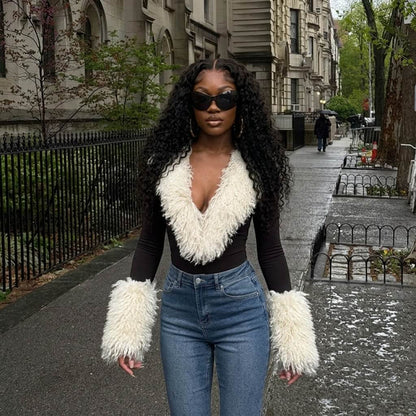 Faux Fur Trim Plunge Bodysuit
