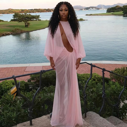 Sheer Cutout Draped Maxi Dress