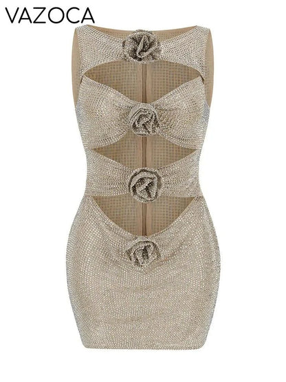 Rhinestone Cutout Bodycon Mini Dresses