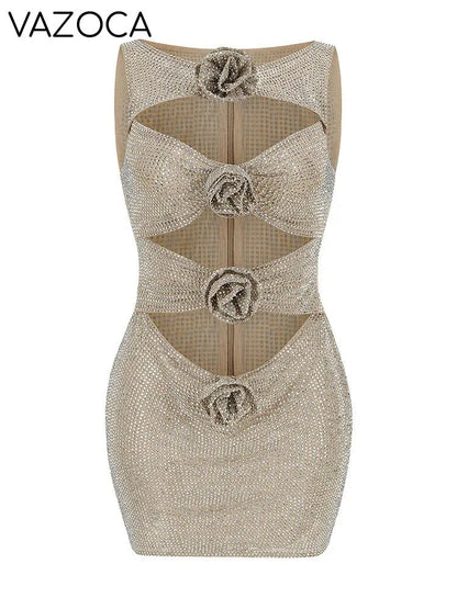 Rhinestone Cutout Bodycon Mini Dresses