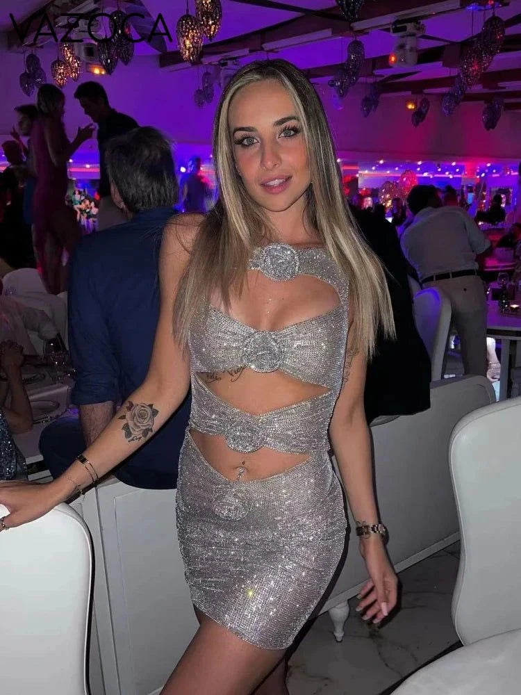 Rhinestone Cutout Bodycon Mini Dresses