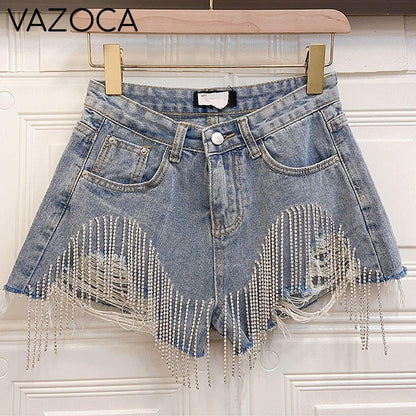 Rhinestones Short High Waist Jeans
