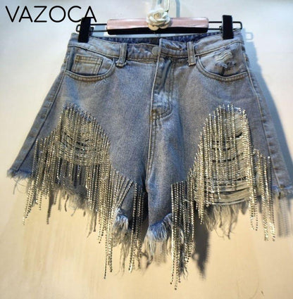 Rhinestones Short High Waist Jeans