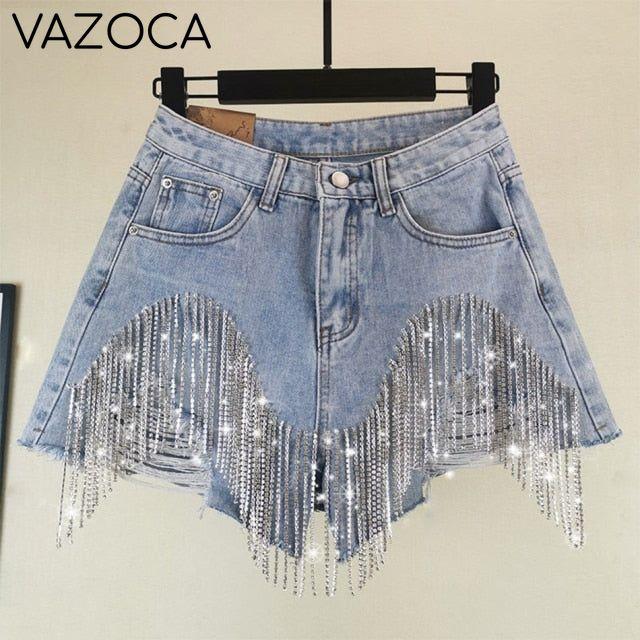 Rhinestones Short High Waist Jeans Light blue